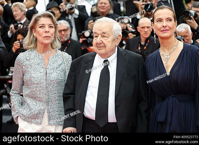 Caroline of Monaco, Paul Rassam and Carole Bouquet attend the 'Killers of the Flower Moon' premiere during the 76th Cannes Film Festival at Palais des Festivals...
