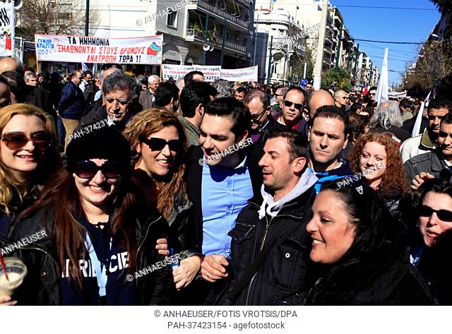 Alexis Tsipras of the Coalition of the Radical Left - Unitary Social Front (SYRIZA) takes part in a general strike in Athens, Greece, 20 February 2013