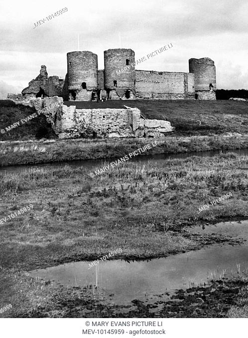 Rhuddlan Castle, in the Vale of Clwyd, Flintshire, Wales, seen from across the River Clwyd