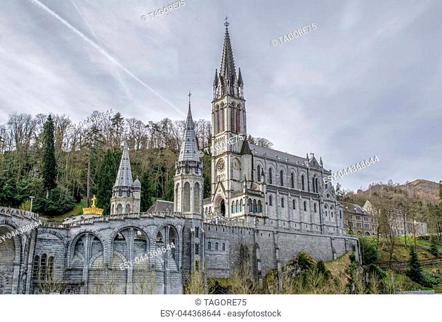 View of the sanctuary church of the Virgin of Lourdes in France