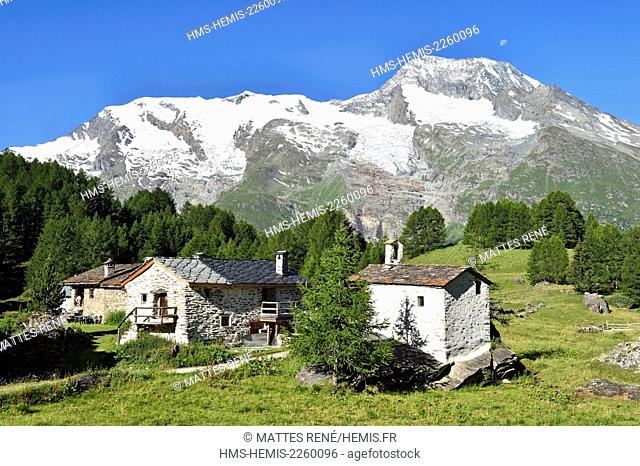 France, Savoie, Haute Tarentaise, Le Monal (1847m) dominated by the Mont Pourri (3779 m) and north and south side of the Gurraz Glacier