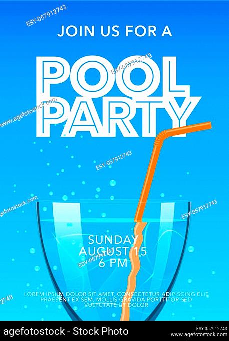 Pool party poster with cocktail vector illustration. Template design element for summer beach event invitation card