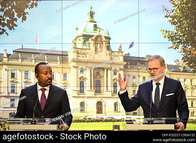 Czech Prime Minister Petr Fiala (ODS), right, receives Prime Minister of Ethiopia Abiy Ahmed in Prague, Czech Republic, November 28, 2023
