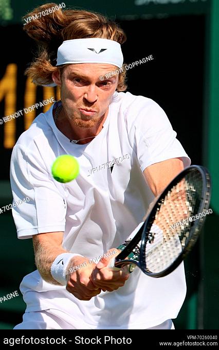 Russian Andrey Rublev (Andrej Roebljov) pictured in action during a tennis match between Belgian Goffin and Russian Rublev
