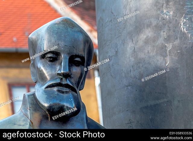 Zagreb, Croatia - May, 06, 2017: August Senoa statue in Vlaska street, Zagreb, Croatia