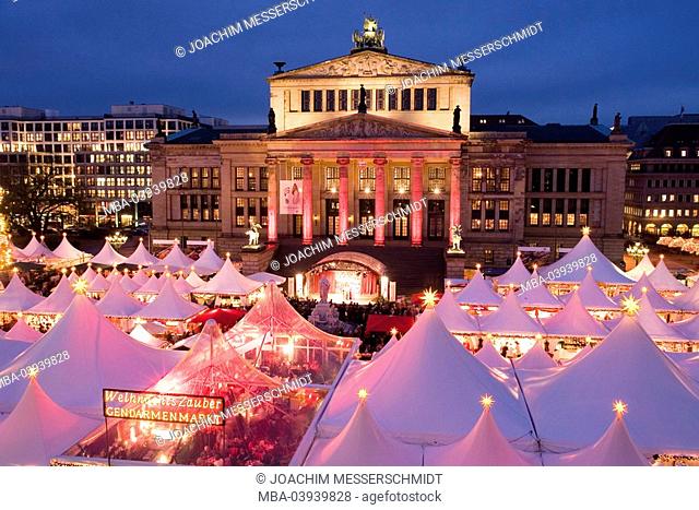 Germany, Berlin, Gendarmenmarkt, concert-house, christmas-market, illumination, evening, capital, playhouse, buildings, architecture, style, classicism