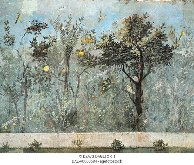 Roman civilization, 1st century b.C. Fresco depicting garden with fruit trees and birds. From Rome, Triclinium of the House of Livia