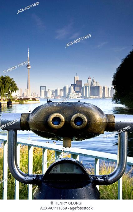 Coin-operated viewing telescopes and view of Toronto and from Centre Island, Toronto Islands Park, Toronto, Ontario, Canada