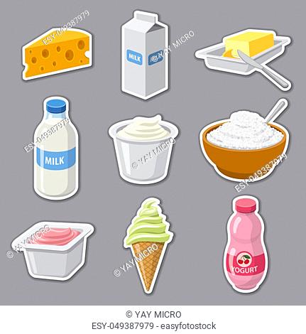 illustration of stickers set for dairy milk products