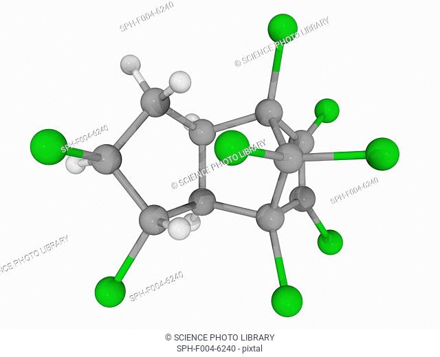 Chlordane, molecular model. Organochlorine compound formerly used as an insecticide. Atoms are represented as spheres and are colour-coded: carbon grey