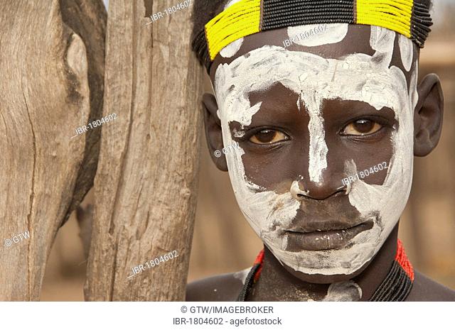 Karo boy with facial paintings, portrait, Omo river valley, Southern Ethiopia, Africa