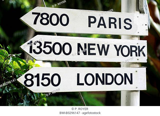 signs with distances to Paris, New York and London, Seychelles