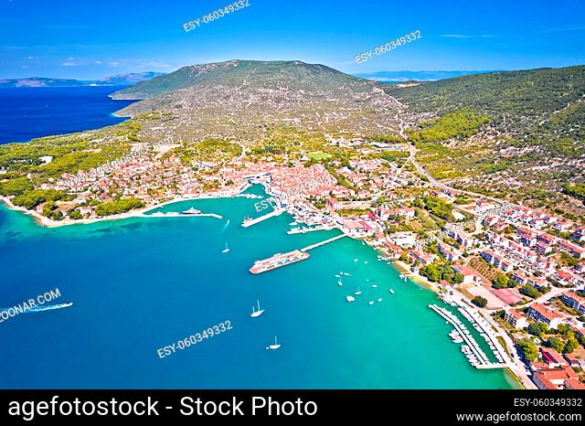 Town of Cres bay aerial panoramic view, Island of Cres, Kvarner region of Croatia