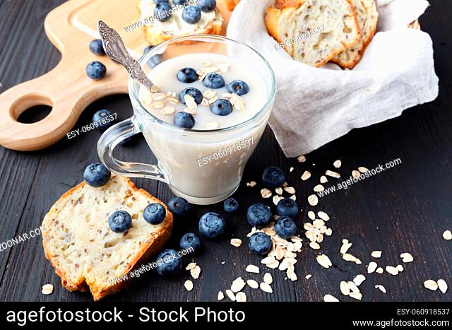 Oatmeal kissel for weight loss, homemade oat milk vegan product concept