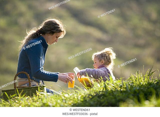 Mother sitting with daughter in meadow, mother pouring juice