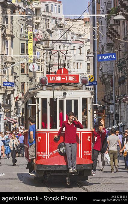 Istanbul, Turkey. The Tünel to Taksim Square Nostalgic Tram in Istiklal Caddesi, one of Istanbul's main shopping streets