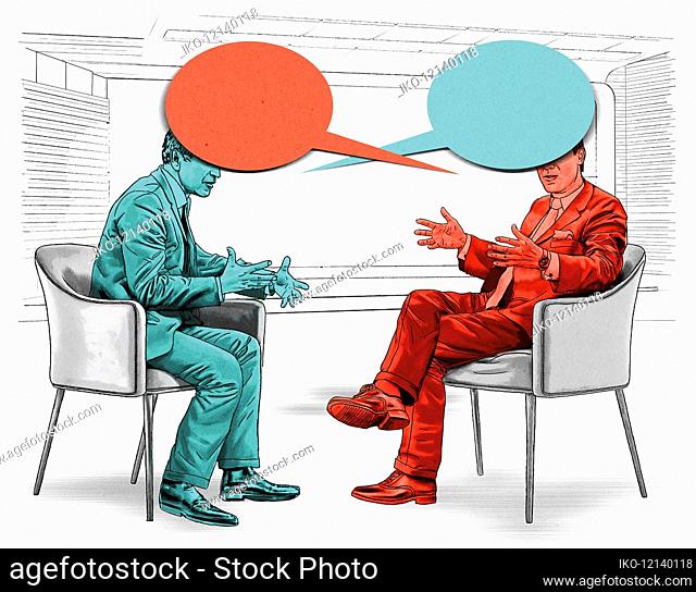 Confrontation between men with red and blue speech bubble