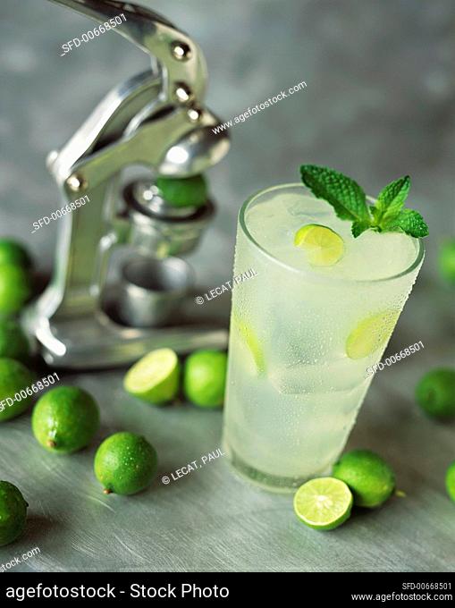 Glass of Fresh Squeezed Limeade; Limes and Juicer