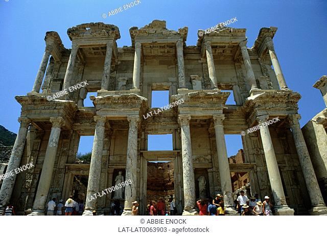 The Graeco-Roman archaeological site and the facade of the Library of Celsus constructed in 125 BC, with a group of people on the steps