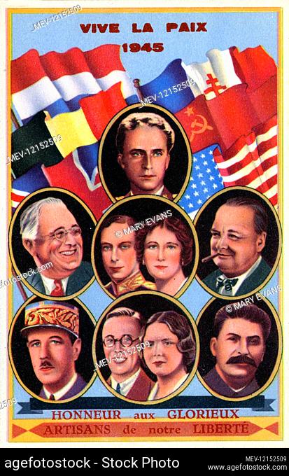 WW2 - Peace in 1945 - Honour the architects of your Liberty - patriotic card from Belgium featuring inset portraits of (left to right from top): Leopold III of...