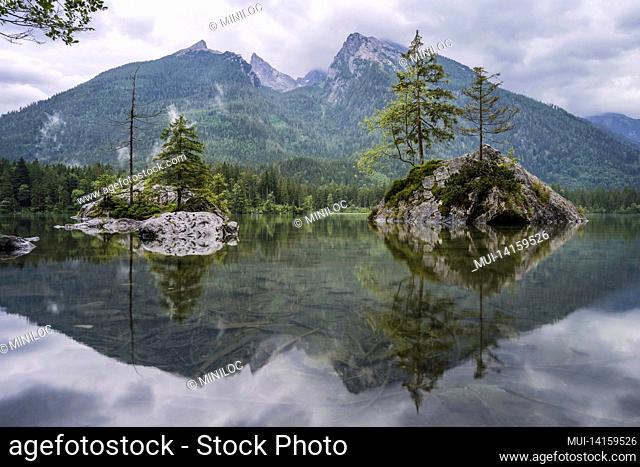 hintersee lake with reflection of watzmann mountain peaks. ramsau berchtesgaden bavaria, germany, europe