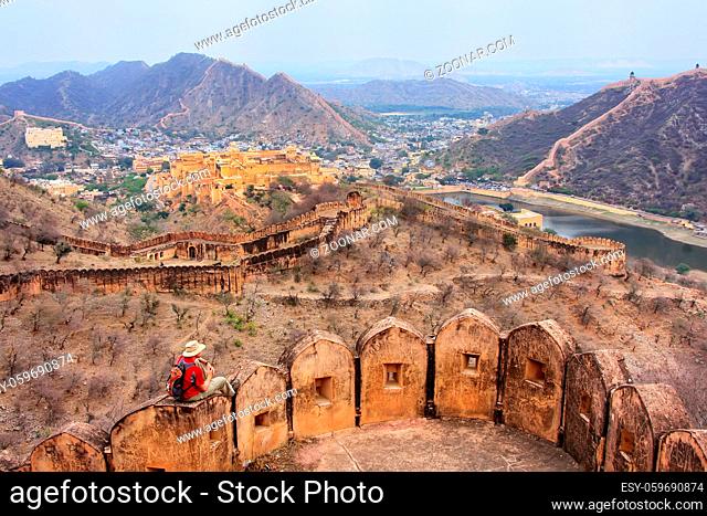 Defensive walls of Jaigarh Fort on Aravalli Hills near Jaipur, Rajasthan, India. The fort was built by Jai Singh II in 1726 to protect the Amber Fort
