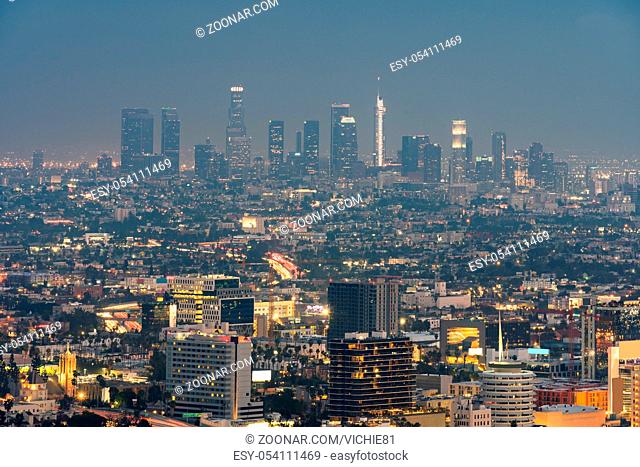 Aerial Los Angeles Cityscape Sunset, LA California, USA