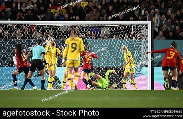 Spain's Salma Paralluelo scores during the FIFA Women's World Cup semi-final between Spain and Sweden at Eden Park in Auckland, New Zealand, on August 15, 2023