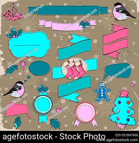 Set of Christmas design elements in pink and blue. Vector illustration EPS8