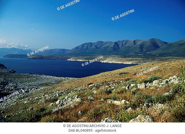 Landscape of Mani peninsula from Tigani peninsula, Peloponnese, Greece