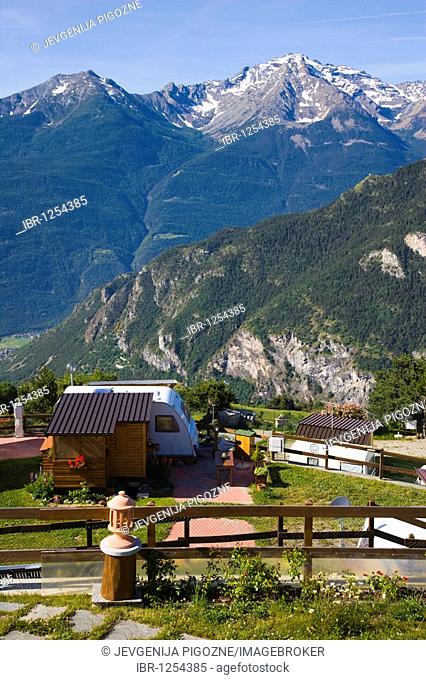 Mountain view from the terrace of Dalai Lama Village, Camping Club, Chatillon, Cervino Valley, Aosta Valley, Valle d'Aosta, Alps, Italy, Europe