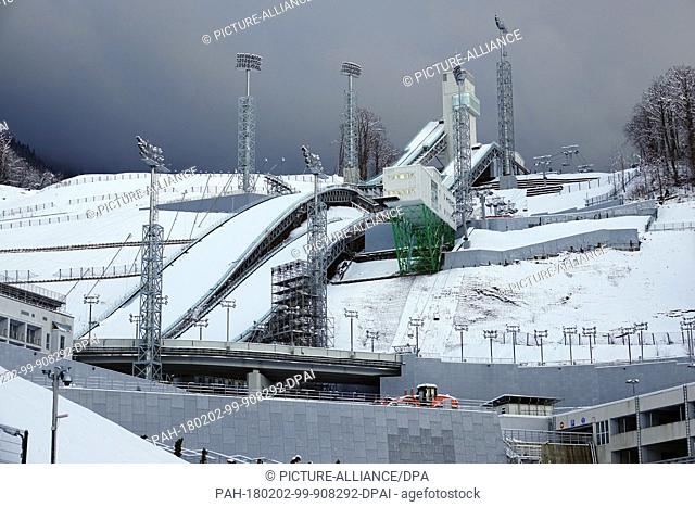 View onto the ski jumps of the 2014 Winter Olympics in Sochi, Russia, 31 January 2018. The installation above the village Estosadok near Krasnaja Poljana has...