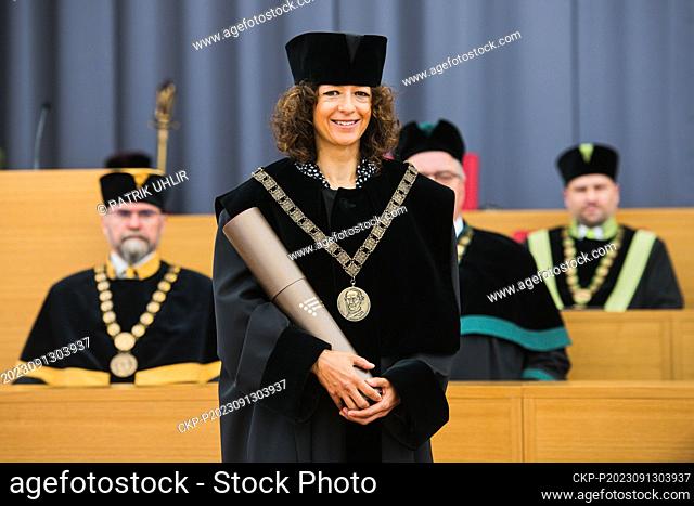 French Nobelist Emmanuelle Charpentier, co-author of ""genetic scissors"", receives an honorary doctorate from Mendel University Brno, on September 13, 2023