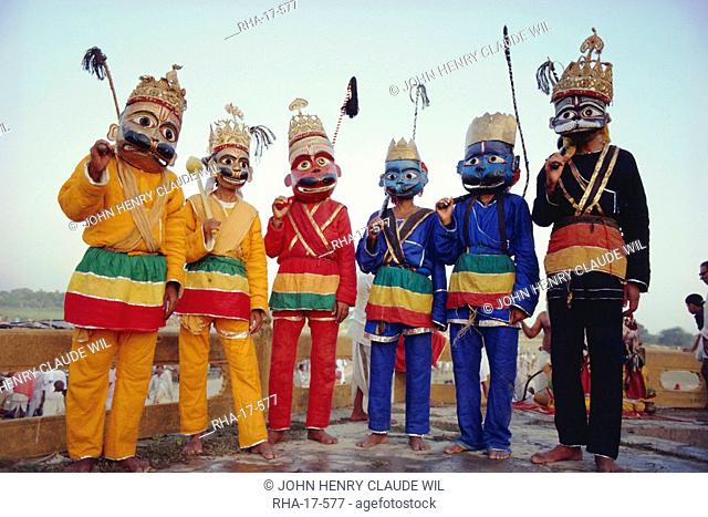 Group portrait of masked actors in the Ramlilla, the stage play of the Hindu Epic the Ramayana, Varanasi Benares, Uttar Pradesh State, India