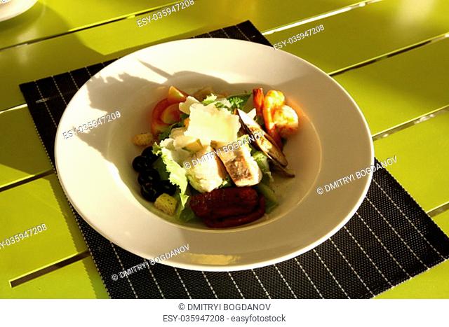 Restaurant menu. Dishes which give at restaurants. Salads, second courses, pizza and other