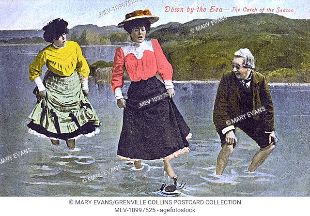 Down by the Sea - The Catch of the Season - A pesky Crab bites the toe of a late Victorian / early Edwardian lady having a paddle through the rockpools