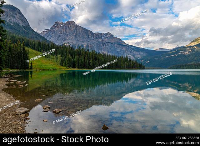 Reflecting mountains in the Emerald Lake in Yoho National Park, British Columbia, Canada