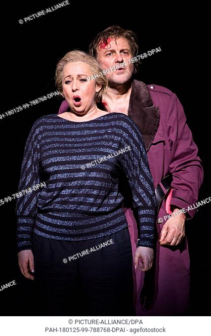 Opera singers Simone Schneider (as Leonore) and Christopher Ventris (as Florestan, R) standing onstage during a phtoto rehearsal of the opera ""Fidelio"" by...