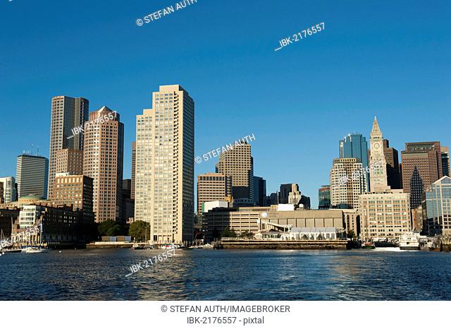 Skyline with Custom House Tower, Financial District, New England Aquarium, view from Boston Harbour, Boston, Massachusetts, New England, USA, North America