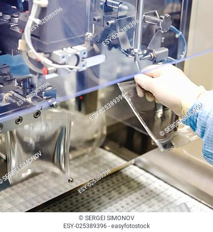 Operator work and fill substance in package on infusion pharmaceutical industry or chemical plant
