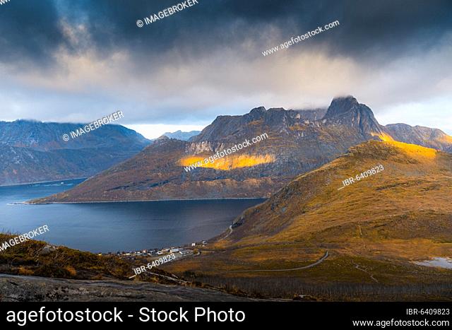 View of the village of Fjordbotn and a prominent and pointed mountain, autumnal fjord landscape, Fjordgard, Senja, Norway, Europe
