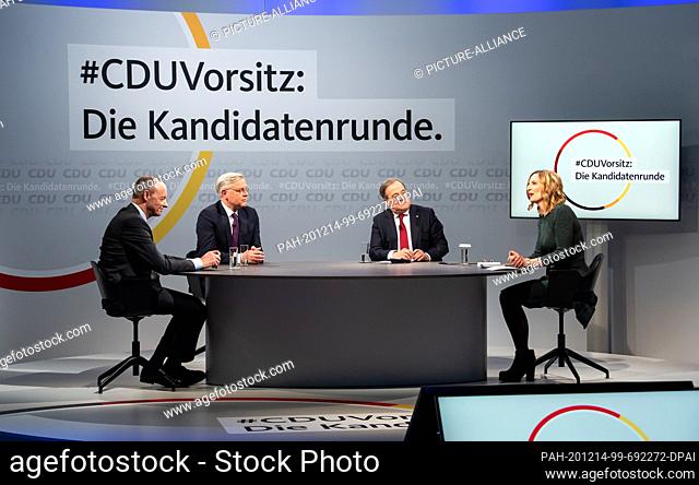 14 December 2020, Berlin: The three candidates for the chairmanship of the German CDU, Friedrich Merz (l-r), Norbert Röttgen and Armin Laschet
