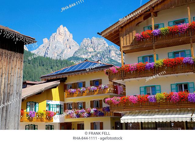Balconies and flowers, Pozza di Fassa, Fassa Valley, Trento Province, Trentino-Alto Adige/South Tyrol, Italian Dolomites, Italy, Europe