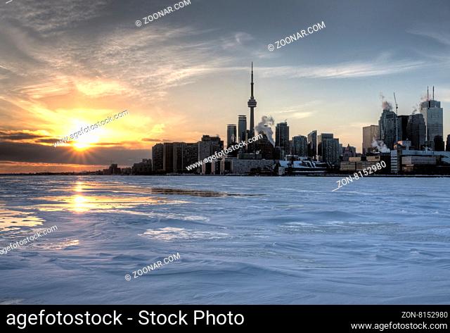 Toronto Ontario from Polson Pier in Winter at sunset