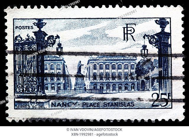 Place Stanislas, Nancy, Meurthe-et-Moselle department, Lorraine, postage stamp, France, 1946