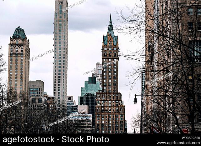 New York City - USA - Mar 18 2019: Skyscrapers round Central Park east south including the Sherry-Netherland