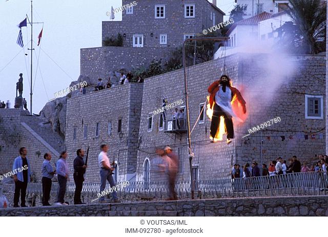 Saronic Gulf, Hydra at Easter Judas is hanged and set afire by the town's youth