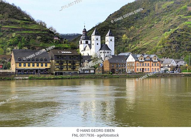 View over Moselle to the St. Castor Abbey Church, Treis-Karden, Rhineland-Palatinate, Germany