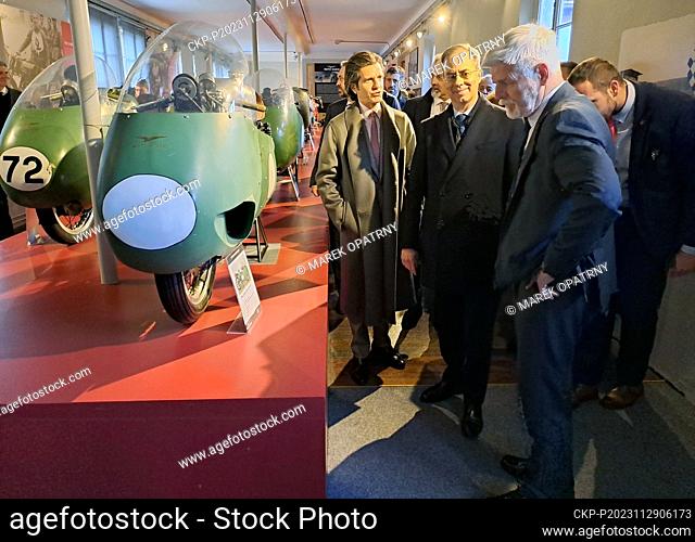 Czech President Petr Pavel (right-front) visited the Moto Guzzi factory and museum in the Italian region of Lombardy, on November 29, 2023