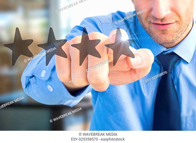 Composite image of portrait of confident businessman pointing at you